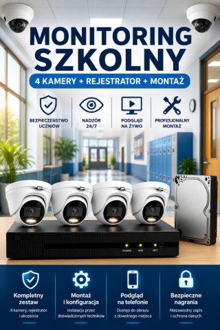 Monitoring szkolny - 4 kamery wewnętrzne + rejestrator + montaż